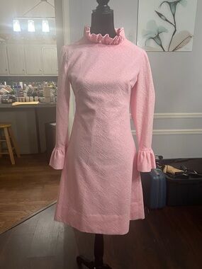 Ruffled Mock Neck Pink Long-Sleeve A-Line Dress